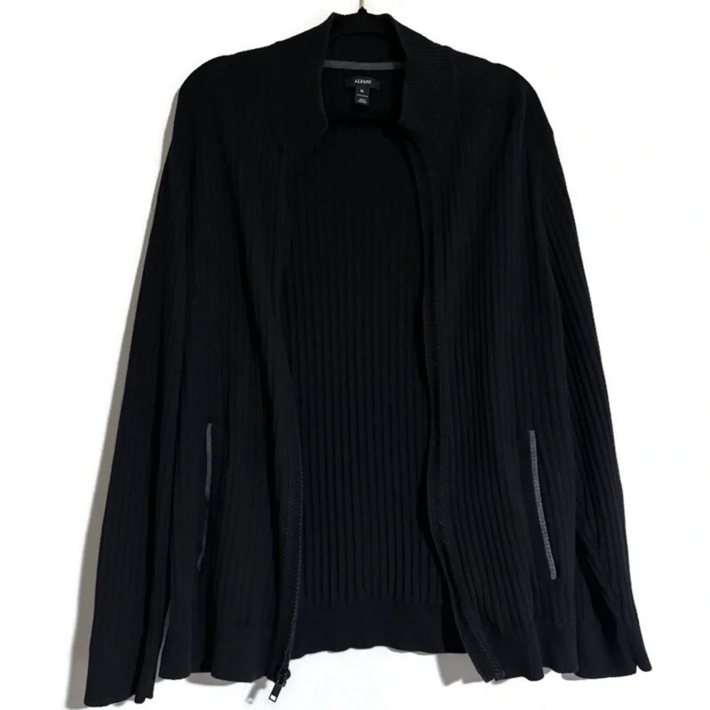 ALFANI RIBBED FULL ZIP BLACK COTTON MEN’S CARDIGAN SWEATER